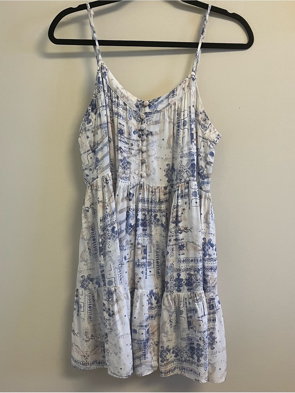 Y2K Boho Fairy Mini Dress Tiered Blue White Spaghetti Straps Medium